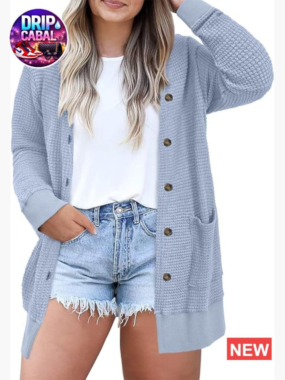 Plus Size Cardigan Long Sleeve Waffle Knit Front Button Open Front Tops